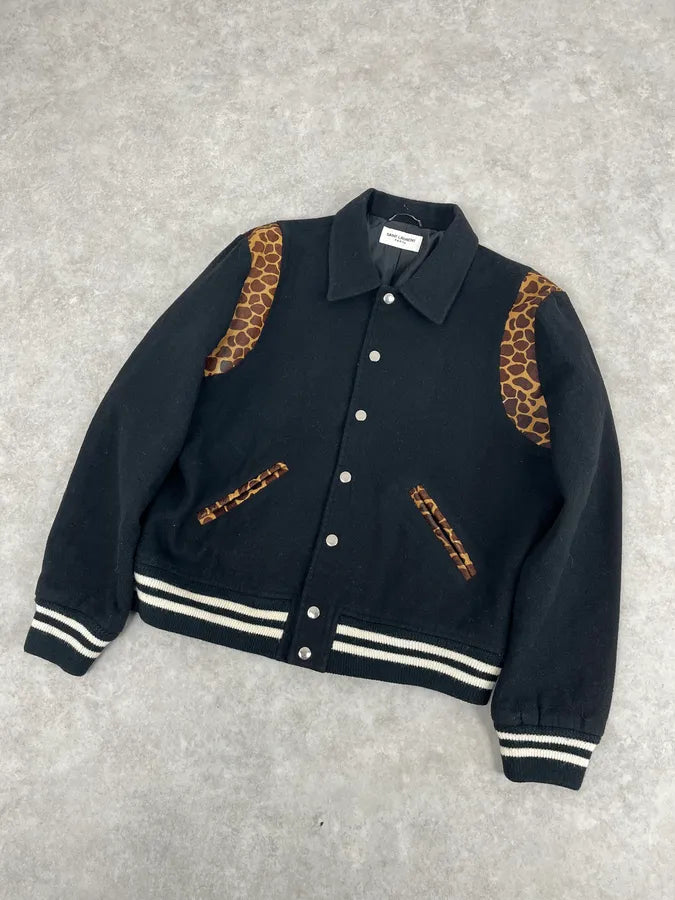 AW2012 Saint Laurent Leopard Black Wool Teddy Bomber Jacket VQUOoch 3