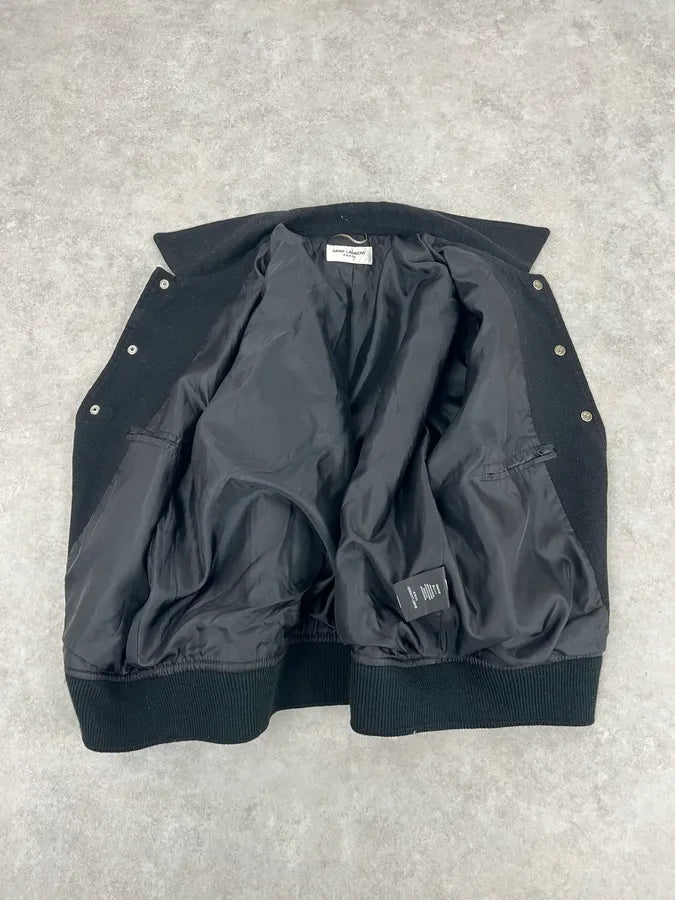 AW2012 Saint Laurent Leopard Black Wool Teddy Bomber Jacket VQUOoch 8