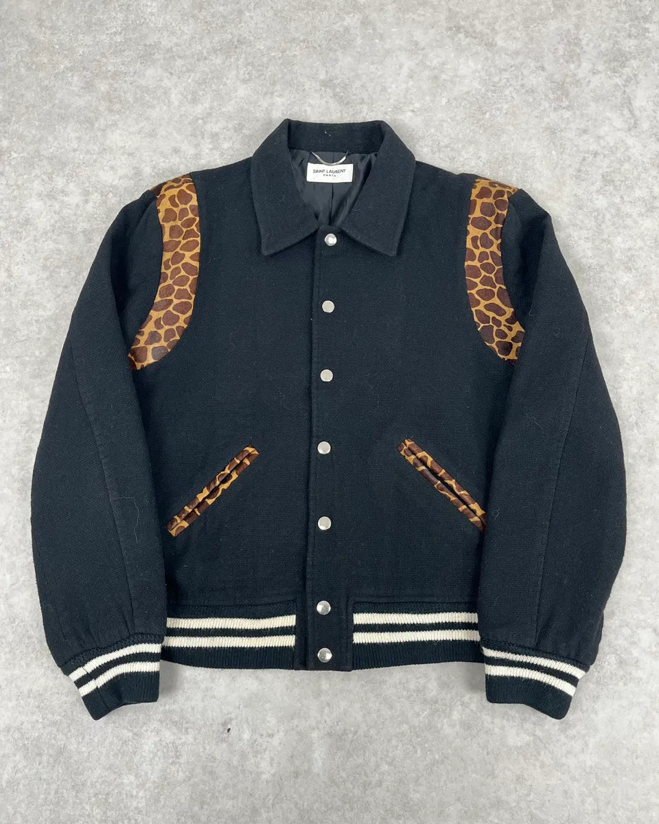 AW2012 Saint Laurent Leopard Black Wool Teddy Bomber Jacket VQUOoch 0