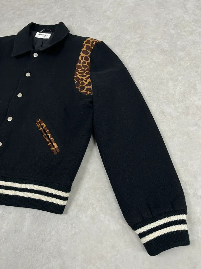 AW2012 Saint Laurent Leopard Black Wool Teddy Bomber Jacket VQUOoch 7