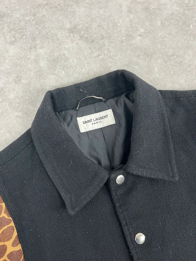 AW2012 Saint Laurent Leopard Black Wool Teddy Bomber Jacket VQUOoch 4