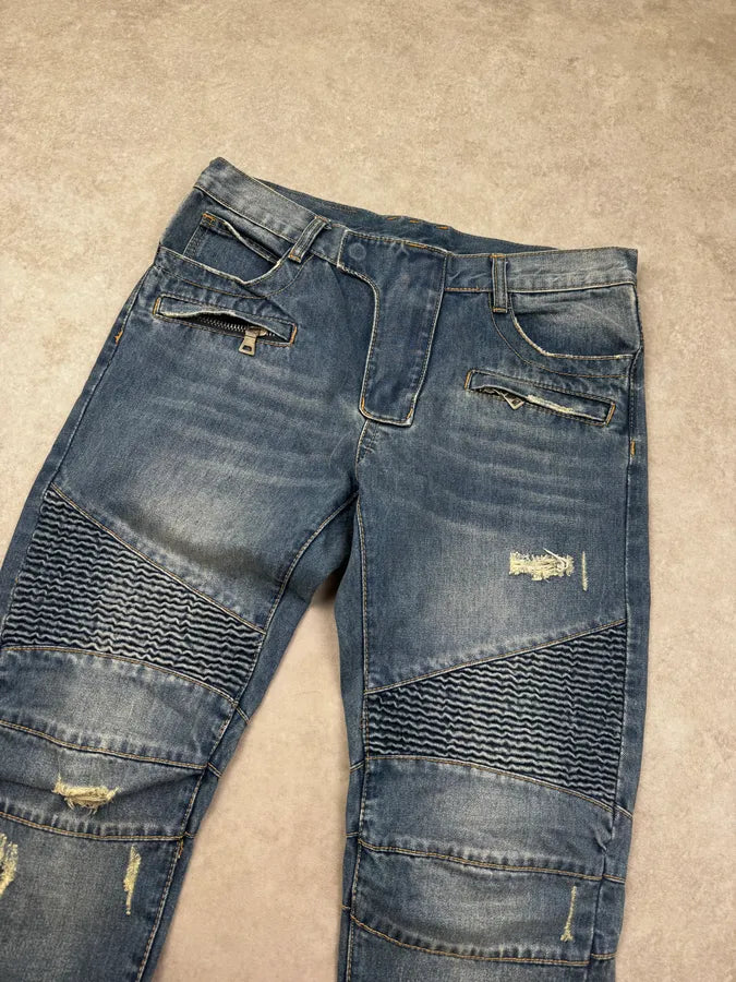 AW2013 Balmain Blue Denim Distressed Biker Jeans UaAJPkt 5
