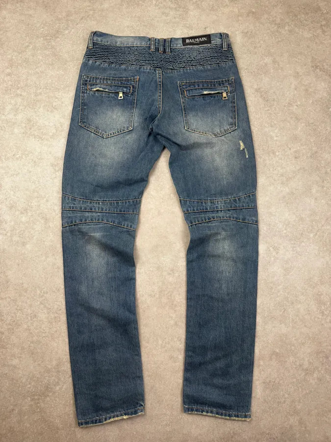 AW2013 Balmain Blue Denim Distressed Biker Jeans UaAJPkt 1
