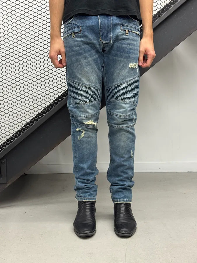AW2013 Balmain Blue Denim Distressed Biker Jeans UaAJPkt 2