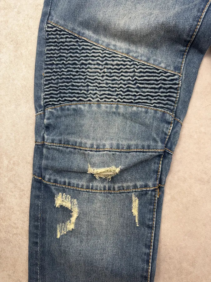 AW2013 Balmain Blue Denim Distressed Biker Jeans UaAJPkt 7
