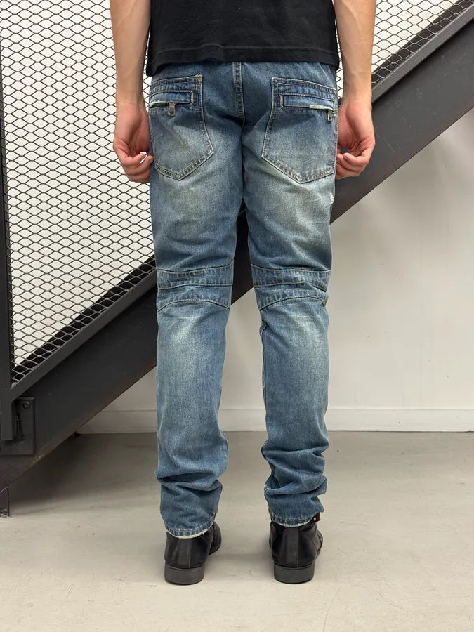 AW2013 Balmain Blue Denim Distressed Biker Jeans UaAJPkt 4