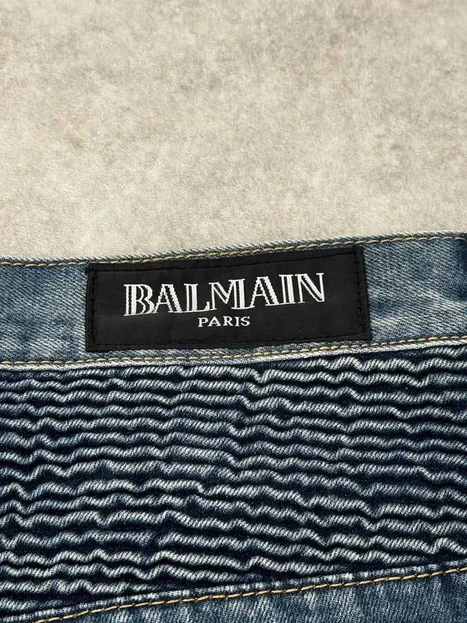 AW2013 Balmain Blue Denim Distressed Biker Jeans UaAJPkt 9