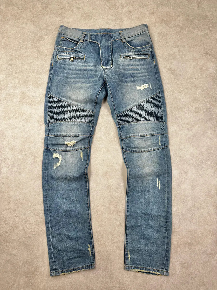 AW2013 Balmain Blue Denim Distressed Biker Jeans UaAJPkt 0