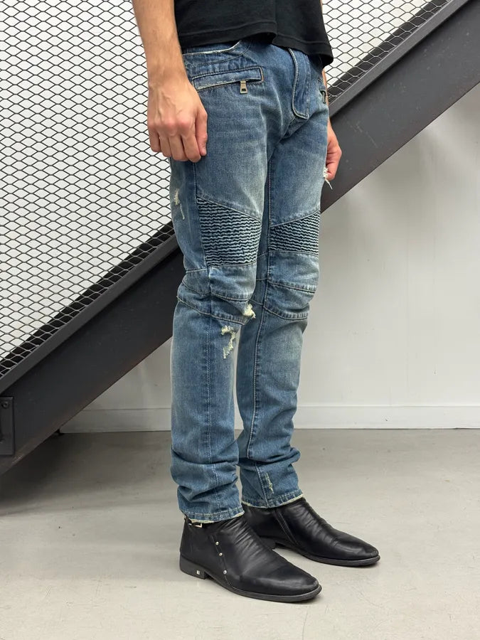 AW2013 Balmain Blue Denim Distressed Biker Jeans UaAJPkt 3