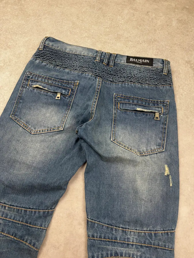 AW2013 Balmain Blue Denim Distressed Biker Jeans UaAJPkt 6