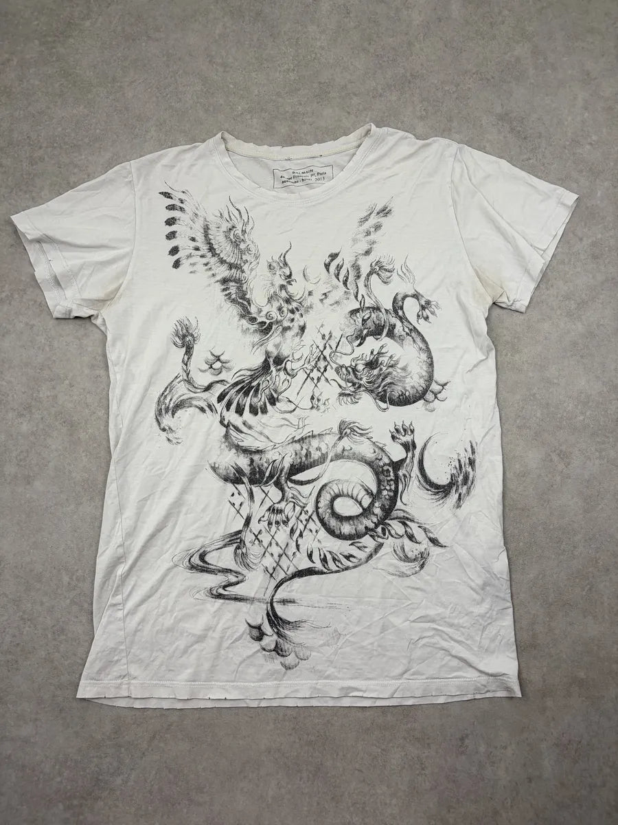 AW2013 Balmain Cream Cray Dragon Graphic T-Shirt MHlxNMZ 0
