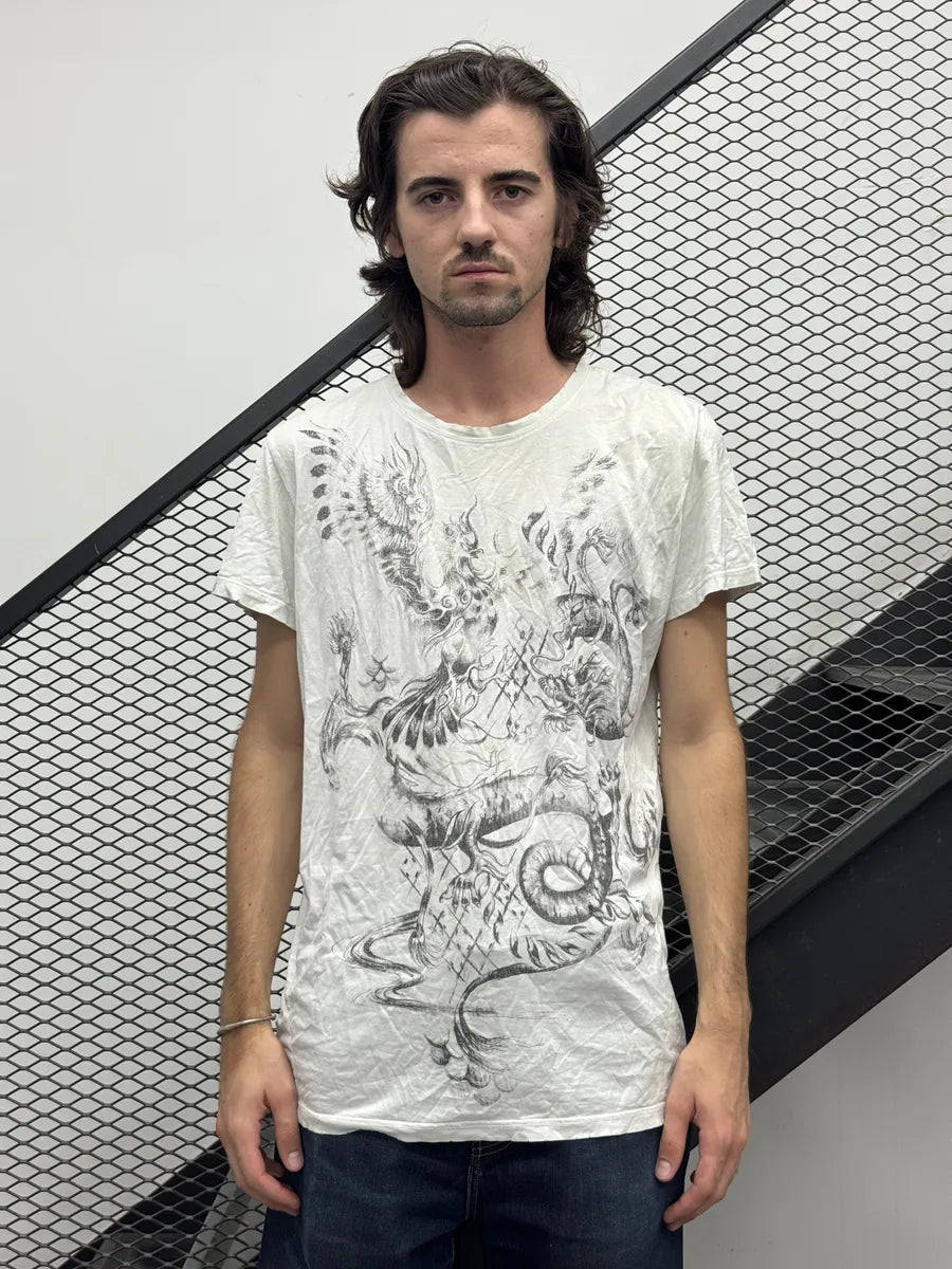 AW2013 Balmain Cream Cray Dragon Graphic T-Shirt MHlxNMZ 1