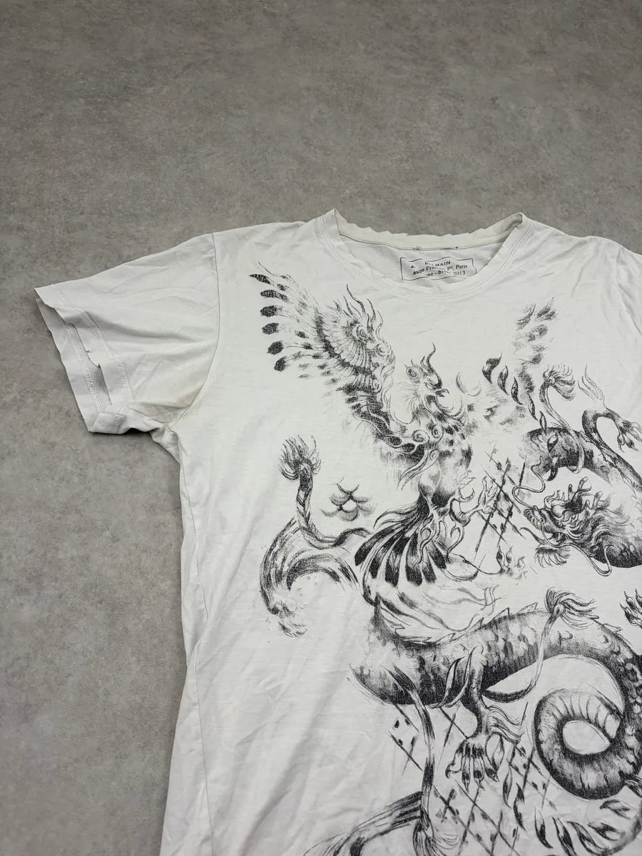 AW2013 Balmain Cream Cray Dragon Graphic T-Shirt MHlxNMZ 3