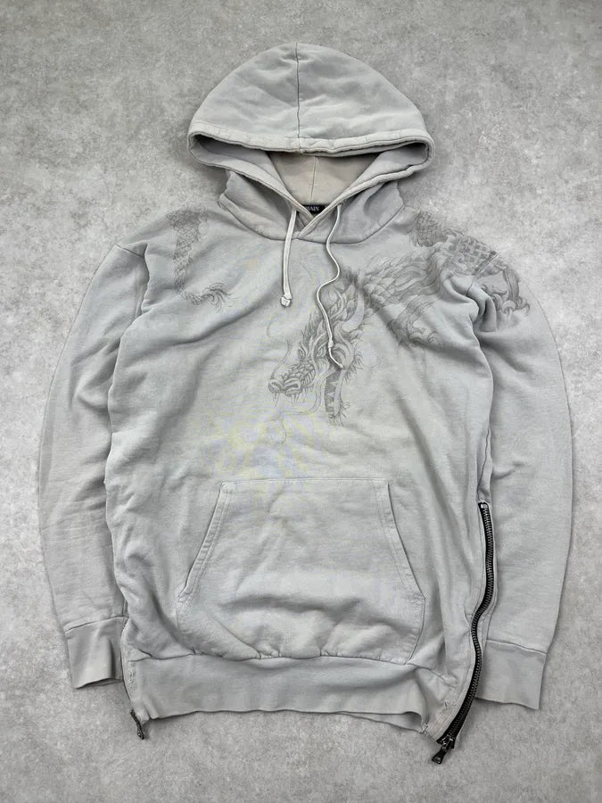 AW2013 Balmain Dragon Side Zip Grey Hoodie rwlTcCP 0