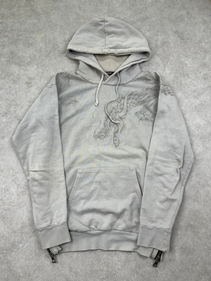 AW2013 Balmain Dragon Side Zip Grey Hoodie rwlTcCP 3