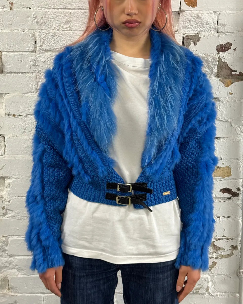 AW2013 Cavalli Blue Knit Faux Fur Collar Cardigan VtldQQq 0