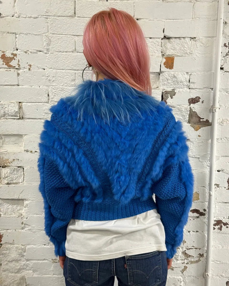 AW2013 Cavalli Blue Knit Faux Fur Collar Cardigan VtldQQq 1