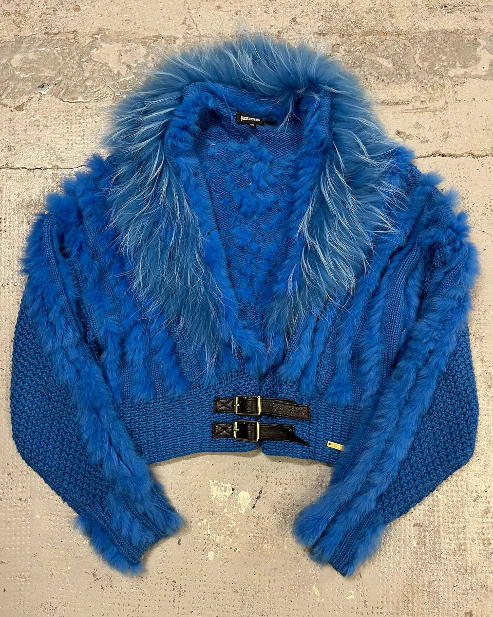 AW2013 Cavalli Blue Knit Faux Fur Collar Cardigan VtldQQq 2
