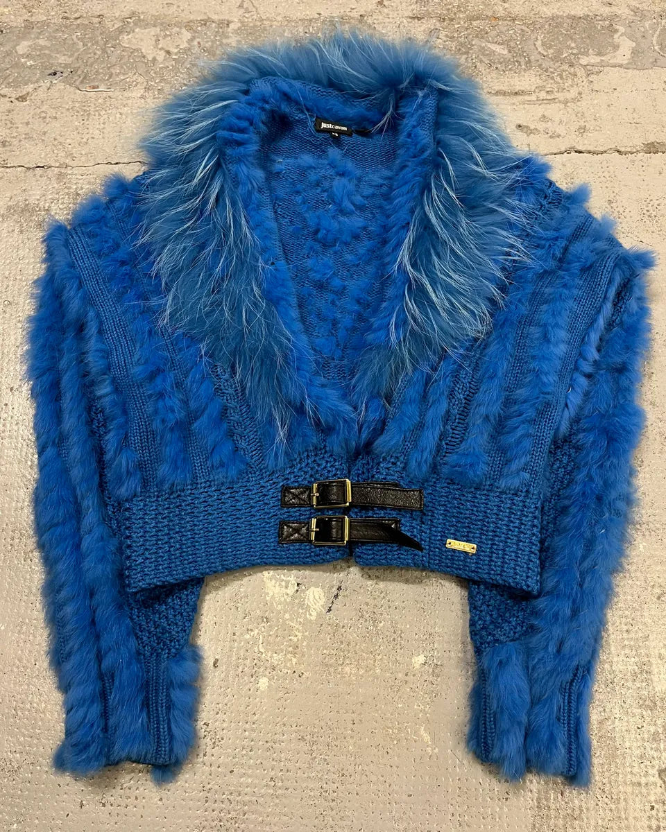 AW2013 Cavalli Blue Knit Faux Fur Collar Cardigan VtldQQq 3
