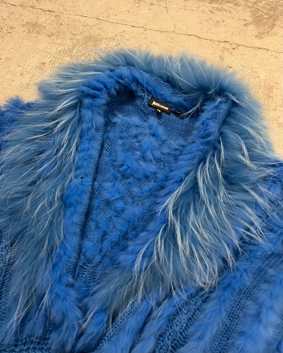 AW2013 Cavalli Blue Knit Faux Fur Collar Cardigan VtldQQq 4