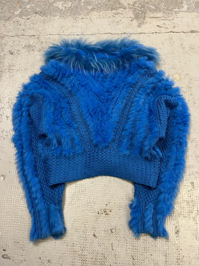 AW2013 Cavalli Blue Knit Faux Fur Collar Cardigan VtldQQq 6