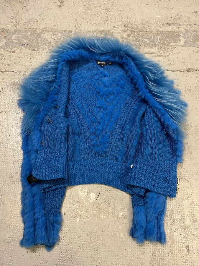 AW2013 Cavalli Blue Knit Faux Fur Collar Cardigan VtldQQq 7