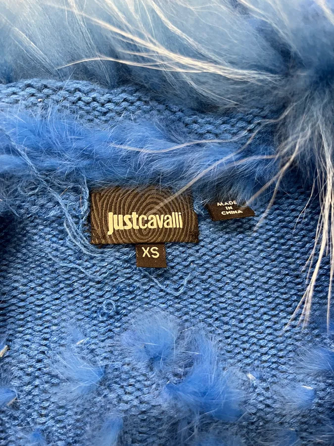 AW2013 Cavalli Blue Knit Faux Fur Collar Cardigan VtldQQq 8