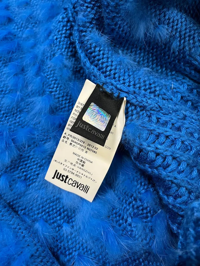 AW2013 Cavalli Blue Knit Faux Fur Collar Cardigan VtldQQq 9