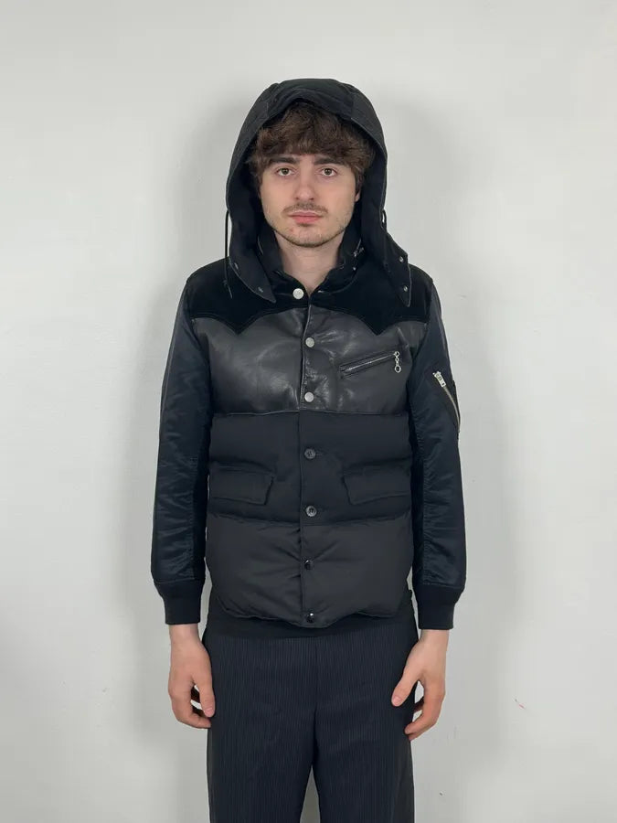 AW2013 Comme des Garçons Ganryu Black Leather Hooded Puffer Nylon Jacket ysgmQMy 3