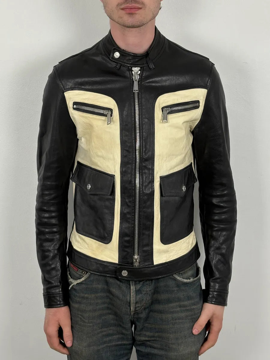 AW2013 Dsquared2 Black & Beige Biker Leather Jacket JZyKspd 1