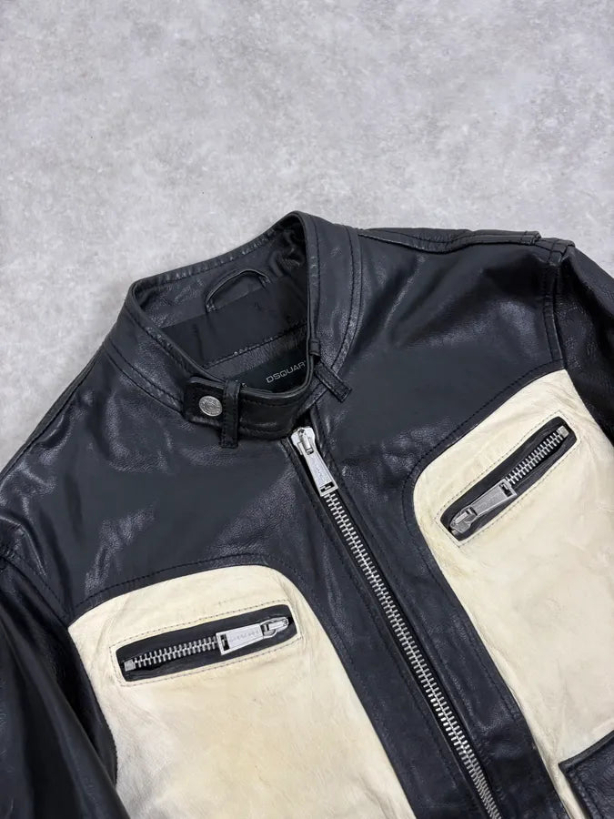 AW2013 Dsquared2 Black & Beige Biker Leather Jacket JZyKspd 4