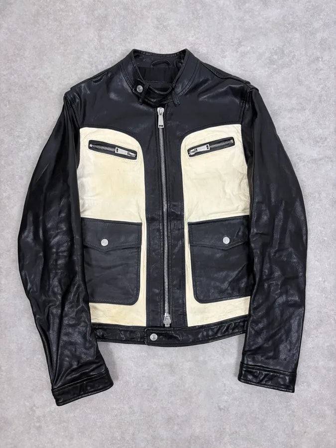 AW2013 Dsquared2 Black & Beige Biker Leather Jacket JZyKspd 0