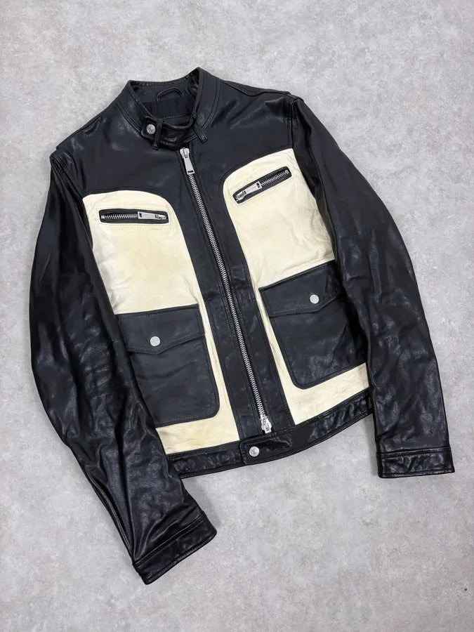 AW2013 Dsquared2 Black & Beige Biker Leather Jacket JZyKspd 3