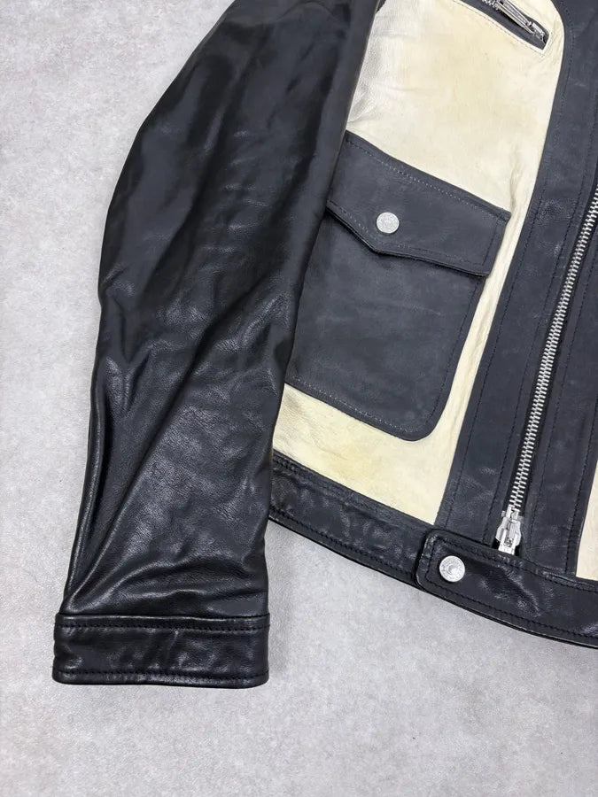AW2013 Dsquared2 Black & Beige Biker Leather Jacket JZyKspd 7