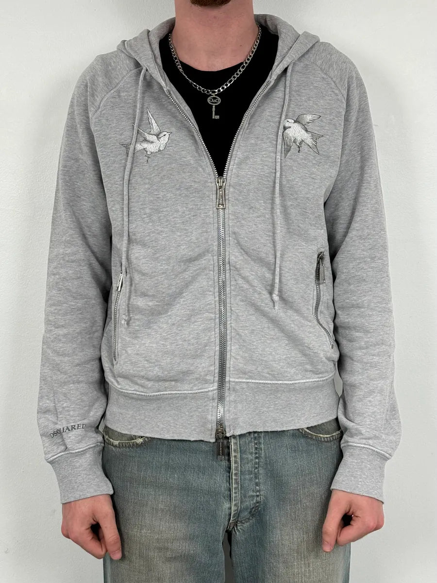 AW2006 Dsquared2 Grey & White Birdies Zip-Up Hooded Sweater nPKSNdO 1