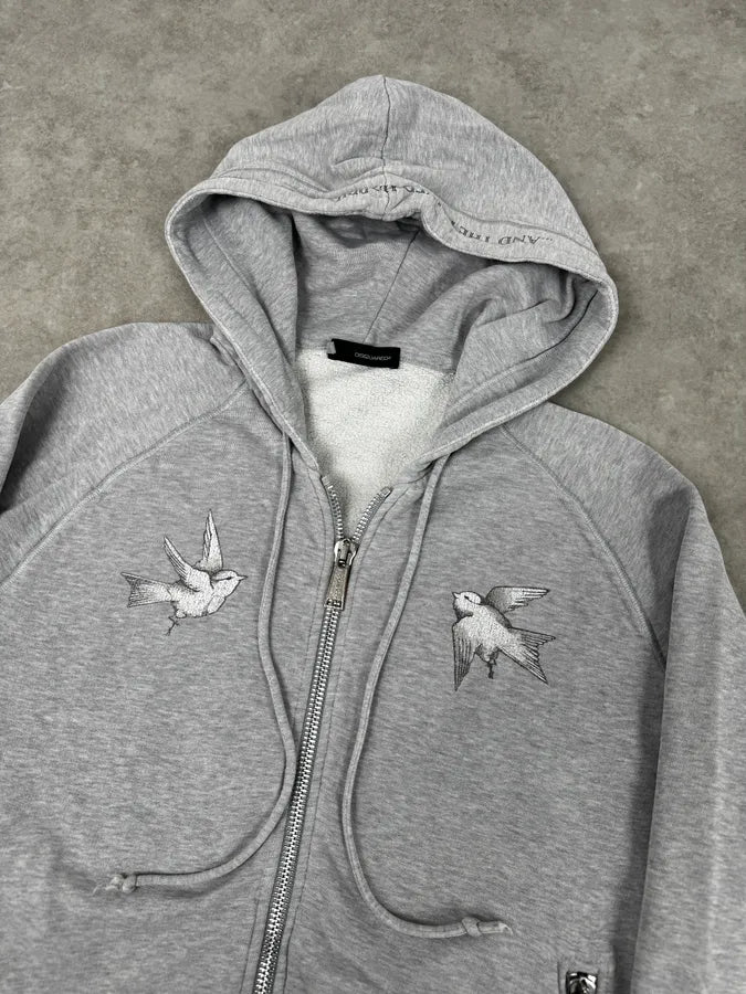 AW2006 Dsquared2 Grey & White Birdies Zip-Up Hooded Sweater nPKSNdO 4