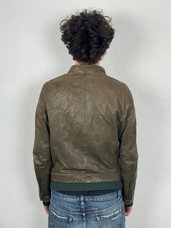 AW2013 Dsquared2 Khaki Biker Layered Double Zip Leather Jacket  KuSjcno 2