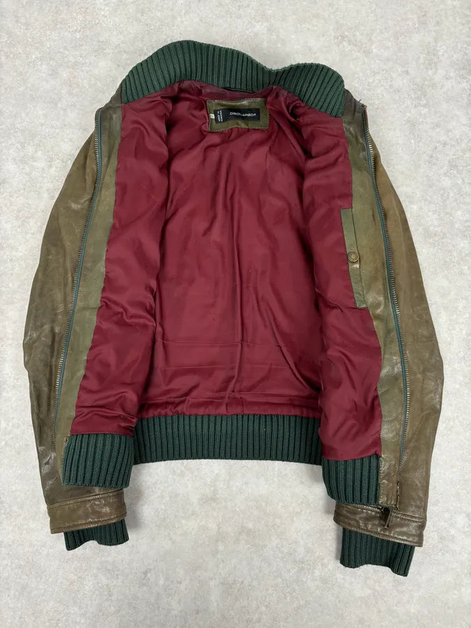 AW2013 Dsquared2 Khaki Biker Layered Double Zip Leather Jacket  KuSjcno 10