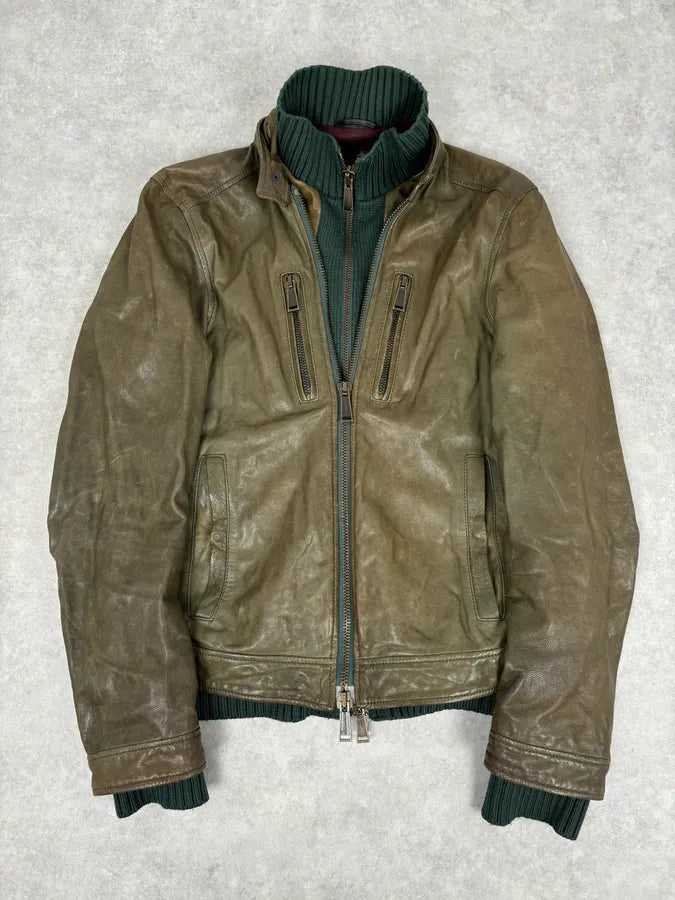 AW2013 Dsquared2 Khaki Biker Layered Double Zip Leather Jacket  KuSjcno 3