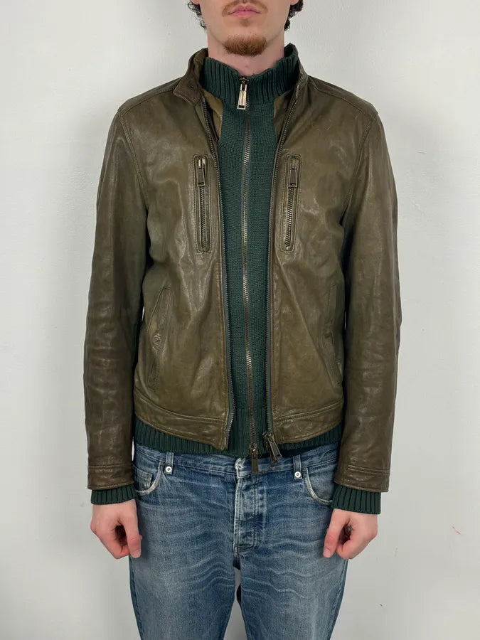 AW2013 Dsquared2 Khaki Biker Layered Double Zip Leather Jacket  KuSjcno 1