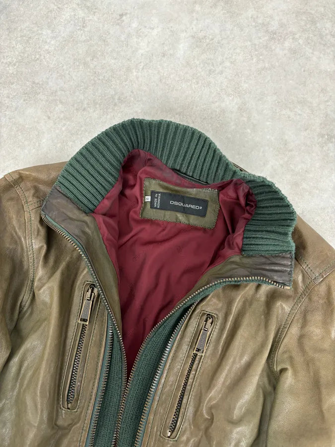 AW2013 Dsquared2 Khaki Biker Layered Double Zip Leather Jacket  KuSjcno 5