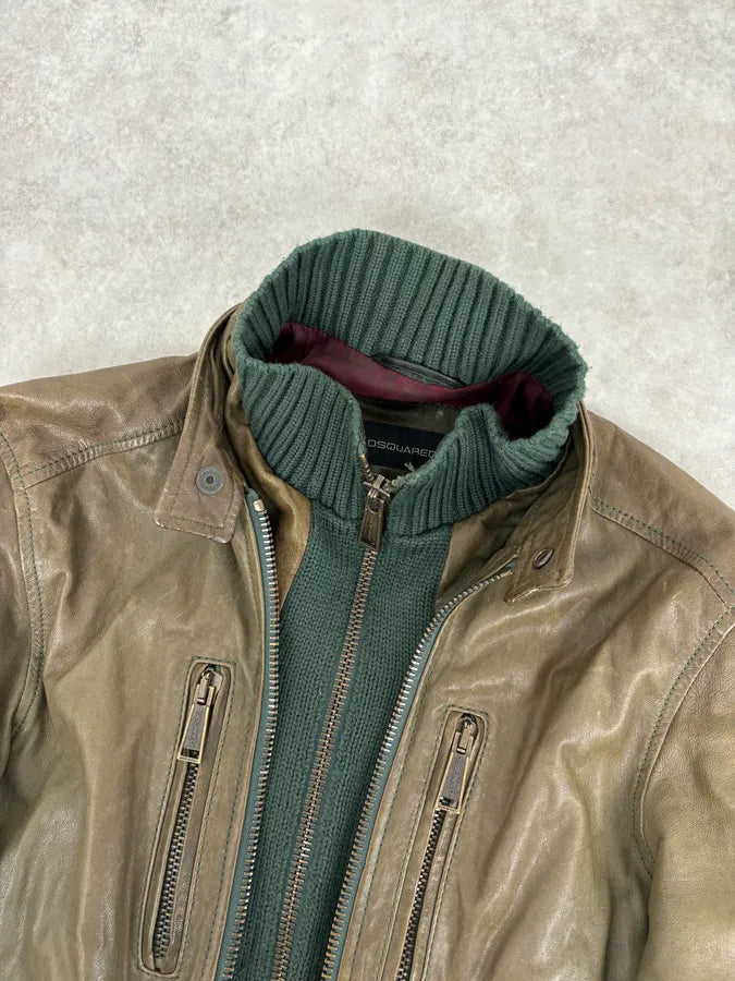 AW2013 Dsquared2 Khaki Biker Layered Double Zip Leather Jacket  KuSjcno 4