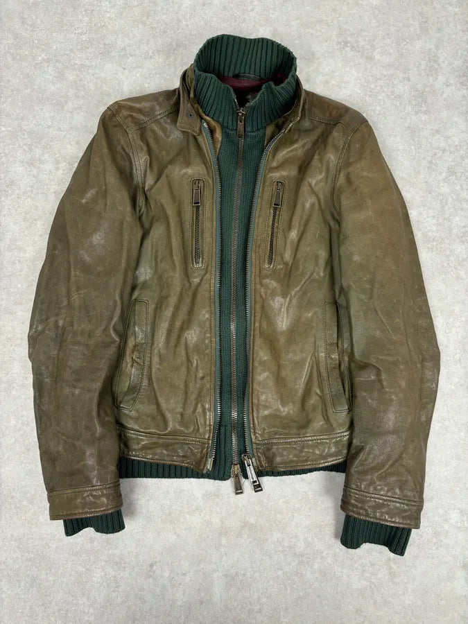 AW2013 Dsquared2 Khaki Biker Layered Double Zip Leather Jacket  KuSjcno 0