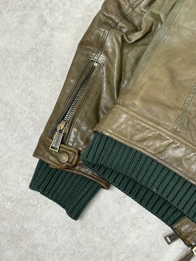 AW2013 Dsquared2 Khaki Biker Layered Double Zip Leather Jacket  KuSjcno 8