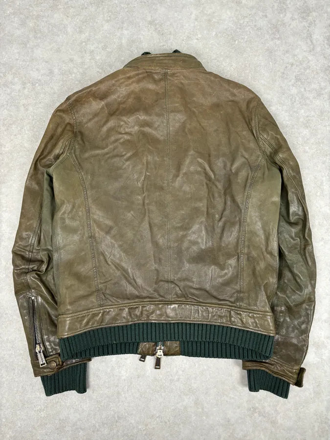 AW2013 Dsquared2 Khaki Biker Layered Double Zip Leather Jacket  KuSjcno 6