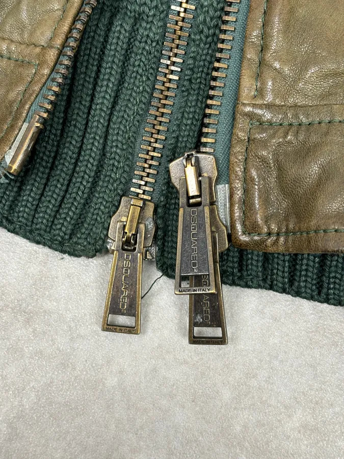 AW2013 Dsquared2 Khaki Biker Layered Double Zip Leather Jacket  KuSjcno 9