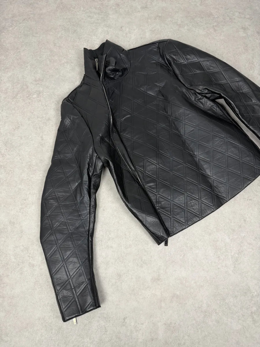 AW2013 Emporio Armani Black Asymmetrical Losange Leather Jacket OupnNbO 11