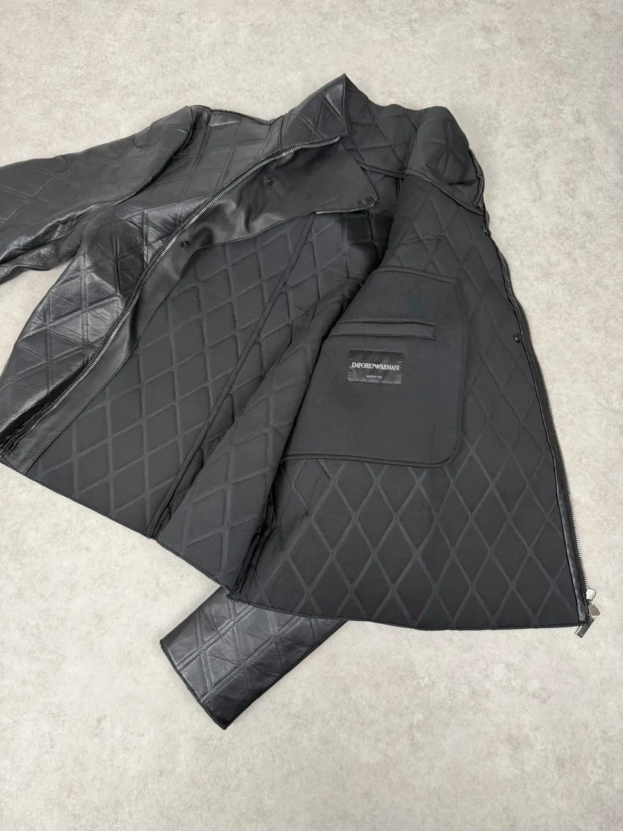 AW2013 Emporio Armani Black Asymmetrical Losange Leather Jacket OupnNbO 12