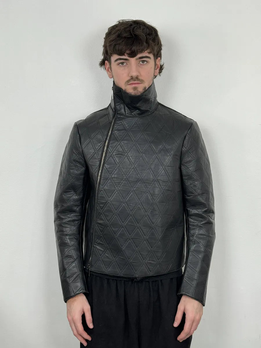 AW2013 Emporio Armani Black Asymmetrical Losange Leather Jacket OupnNbO 2