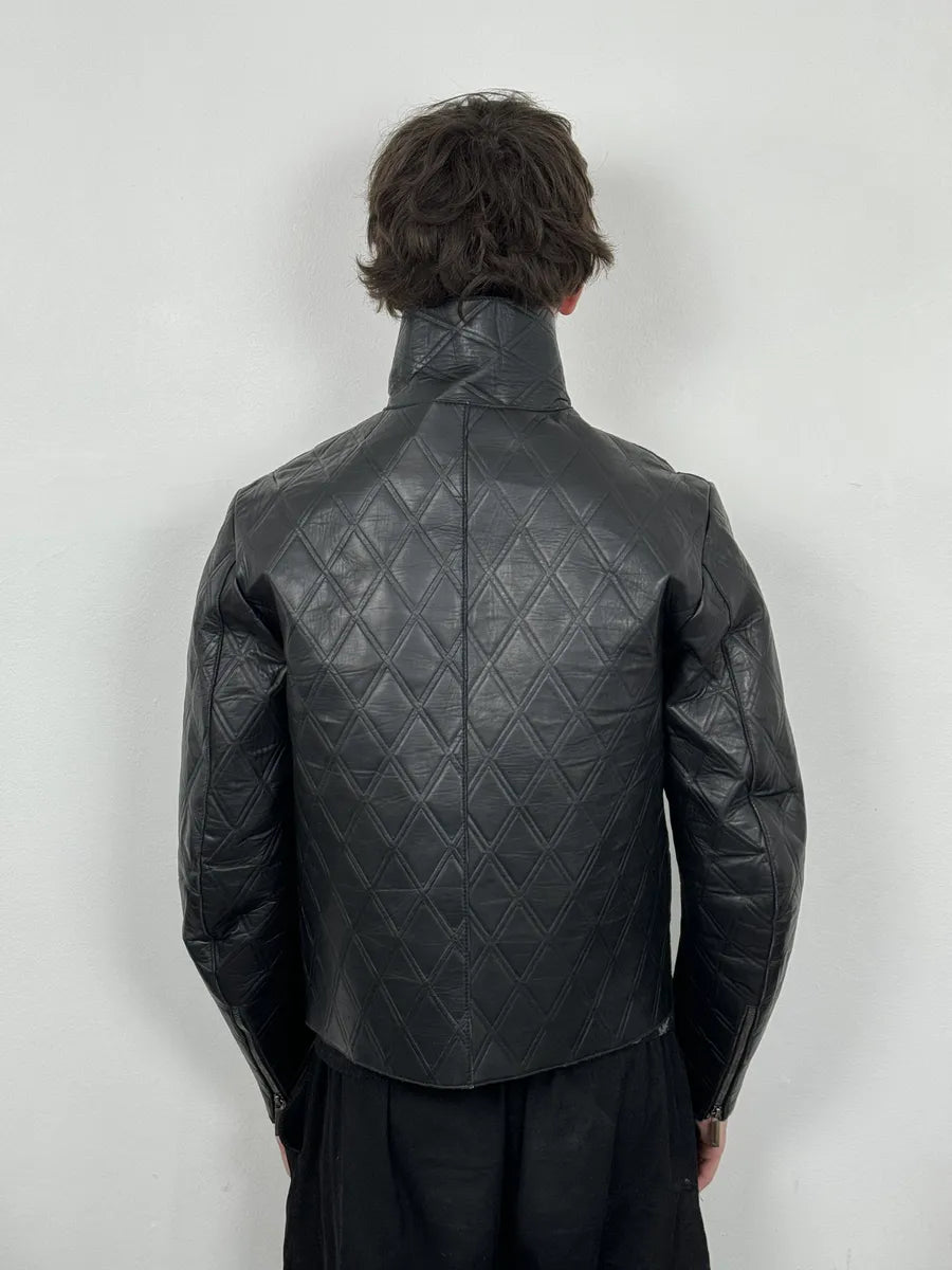 AW2013 Emporio Armani Black Asymmetrical Losange Leather Jacket OupnNbO 3